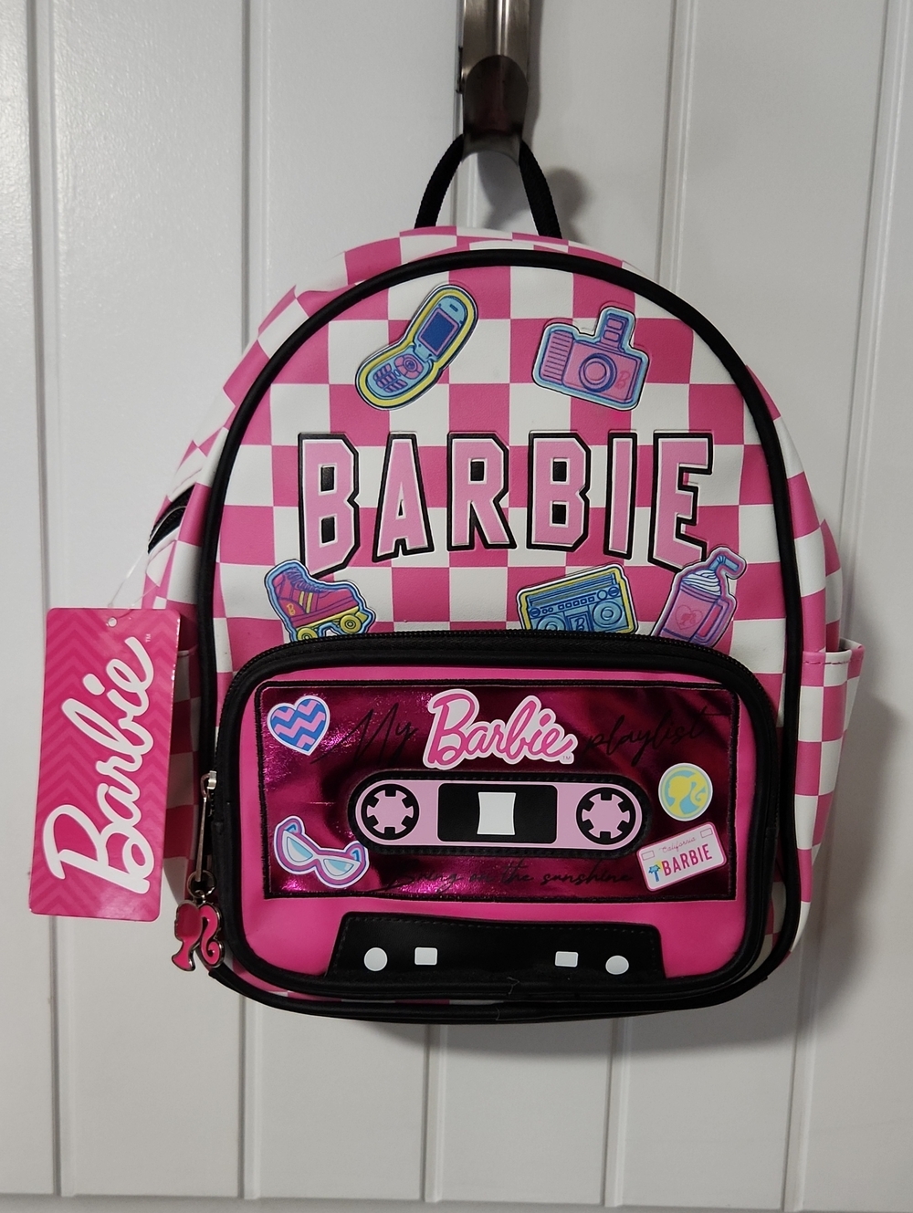 BARBIE BUNDLE - Barbie Pink White Checkerboard Mini Backpack & Key Badge Pulley